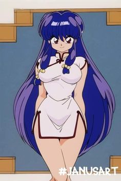 an anime character with long blue hair posing for the camera