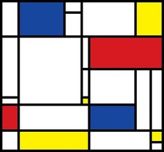 an abstract painting with different colors and shapes in black, yellow, red, blue, and white