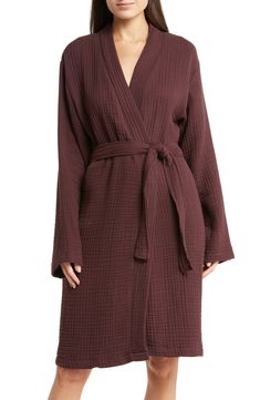 Made from soft cotton double-gauze, this robe waits indulgently for you to slip into and unwind at the end of your day. 39 1/2" length (size Small/Medium) Shawl collar Removable tie belt 100% cotton Machine wash, tumble dry Made in Turkey Cotton Open Front Robe For Loungewear, Elegant Cotton Robe For Daywear, Open Front Cotton Robe For Loungewear, Cotton Wrap Robe For Daywear, Elegant Cotton Daywear Robe, Wrap Sleep Robe With Tie Waist, Winter Cotton Sleep Robe, V-neck Robe With Tie Waist For Loungewear, Terrycloth Robe