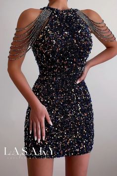 Lasaky - Elegant Halter Neck Body Chain Dress adorned with Crystal Beaded Fringe Gold Sequin Dress Short, Gold Sequin Shorts, Sequin Dress Short, Short Party Dress, Sequin Bodycon Dress, Bodycon Dress Parties, Dresses Elegant, Hip Dress, Mid Dresses