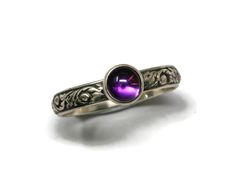 6mm Amethyst Ring. This handmade ring features a 6mm Amethyst stone, bezel mounted on a 3.5mm wide 925 Sterling Silver Vine pattern band. Oxidized to a Vintage Silver finish. Ring Sizer included. Shipped in gift box. | 6Mm Amethyst Vine Pattern Band Ring - Antique Silver Finish By Salish Sea Inspirations Aventurine Ring, Salish Sea, Blue Star Sapphire, Vine Pattern, Lapis Lazuli Ring, Purple Band, Argentium Silver, Silver Work, Ring Sizer