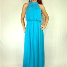 Gorgeous Bright Blue Color. Goddess Type Dress With Open And Draped Back As Shown. High Neck Collar Detail. Dress Has Pockets! Blue Sleeveless Chiffon Maxi Dress, Light Blue Chiffon Maxi Dress For Beach, Light Blue Chiffon Maxi Dress For The Beach, Flowy Blue Chiffon Maxi Dress, Light Blue Sleeveless Chiffon Maxi Dress, Blue Chiffon Evening Dress For Summer, Blue Sleeveless Chiffon Beach Dress, Light Blue Chiffon Maxi Dress For Party, Blue Sleeveless Chiffon Vacation Dress