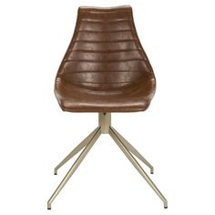 a brown leather chair sitting on top of a metal tripod leg base with two white legs