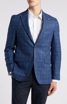 A blend of wool, silk and linen woven in a dusky plaid distinguishes a sport coat tailored with softer construction to enhance your comfort at any semiformal occasion. 29 1/2" length (size 40 R) Notched lapels Nonfunctional four-button cuffs Chest welt pocket; front flap pockets Side vents Partially lined, with taped seams 81% wool, 11% silk, 8% linen Dry clean Made in Canada Plaid Linen Blazer With Notch Lapel, Tailored Plaid Linen Blazer, Tailored Linen Plaid Blazer, Elegant Plaid Sport Coat For Semi-formal Occasions, Elegant Semi-formal Plaid Sport Coat, Formal Plaid Tweed Sport Coat, Tailored Plaid Linen Outerwear, Elegant Plaid Sport Coat For Business Casual, Elegant Business Casual Plaid Sport Coat