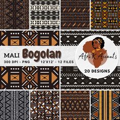 an african style pattern with the name bogolan on it in brown, black and white