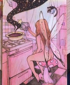 a drawing of a fairy cooking in the kitchen