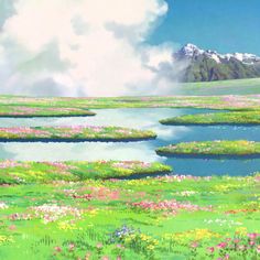 a painting of flowers and water in the middle of a grassy field with mountains in the background