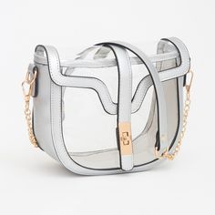 Clear See Through Transparent Casual Simple Fashion Handbag Purse Saddle Shoulder Bag Gold Metal Hardware Bag Size : 8" X 7" X 3" Strap Size : 27" L, Detachable Turn Closure Color: Clear , Silver Womens Fashion Statement Accessory Bag Amazon Employee Worker / Stadium / Concerts S 10612 B Clear Crossbody Satchel With Clear Strap, Chic Crossbody Shoulder Bag With Clear Strap, Modern Summer Bags With Clear Strap, Clear Crossbody Bag For Summer, Trendy White Bag In Clear Plastic, Modern Evening Bags With Clear Strap, Trendy White Clear Plastic Bag, White Party Bag With Clear Strap, Chic Clear Bag With Detachable Strap