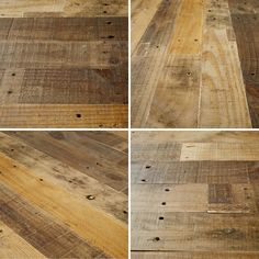 four different views of wood flooring with multiple colors and sizes, including one brown