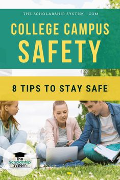 two students sitting on the grass with text overlaying college campus safety 8 tips to stay safe