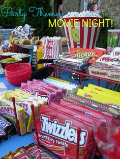 Summer's end is almost here; plan a backyard movie night with a snack bar. Easy, fun, and memorable. Here's how... Movie Night Party Ideas, Outdoor Movie Night Party, Night Party Ideas