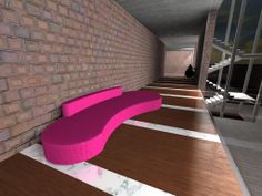 a pink bench sitting on top of a wooden floor next to a brick wall and stairs