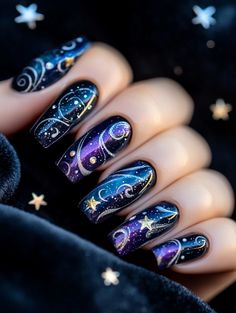 Step into the cosmos with this mesmerizing galaxy-inspired nail art. Featuring a deep navy-blue base with shimmering metallic swirls of purple, silver, and gold, these nails are accented with tiny stars and glitter, creating a magical, otherworldly vibe. Perfect for those who love bold and dreamy designs. Happy New Year Nails Designs 2024, Navy Blue And Silver Nail Designs, Midnight Purple Nails, Blue Galaxy Nails, Northern Lights Nails, Pink Holiday Nails, Cheer Nails, Diy Valentine's Nails, Purple And Silver Nails