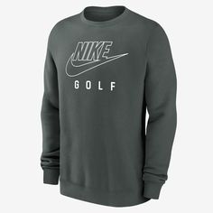 It's your game. Make sure everybody knows in this soft fleece sweatshirt. Casual Golf Sweatshirt With Crew Neck, Mens Nike Crewneck, Nike Club Fleece Sweatshirt, Sporty Crew Neck Golf Sweatshirt, Sporty Crew Neck T-shirt For Golf, Nike Golf, Mens Golf, Mens Activewear, Green Fashion