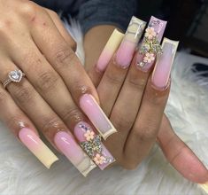 Yellow Pink Nails, Yellow And Pink Nails, Pink And Yellow Nails, White Acrylic Nails, French Tip Acrylic Nails