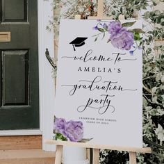 a sign that says welcome to america's graduation party with purple flowers on it