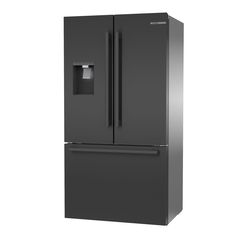 a black refrigerator freezer sitting in front of a white wall