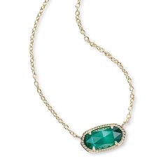 From Kendra Scott, the popular Elisa necklace in a green emerald cat's eye glass boasts a rich and deep hue. The small, signature KS oval shaped stone in this style has a unique cat's eye effect that is created by the emerald green colored fiber optic glass. Wear this necklace alone or pair with longer styles to update your look! This chic style is also perfect for gift giving, as the green color is a perfect representation of May's birthstone. This necklace is 14k gold-plated over brass and 15 Green Kendra Scott Necklace, Green Kendra Scott, Elisa Pendant Necklace, Emerald Green Necklace, Beautiful Diamond Necklace, Necklace Emerald, Solitaire Diamond Pendant, Delicate Gold Necklace, Diamond Heart Pendant Necklace