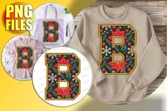 the letter b is decorated with poinsettis and holly leaves, along with two matching sweatshirts