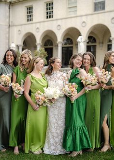 Bridesmaids wearing shades of green infront of Commodore Perry Estate Various Shades Of Green Bridesmaid Dresses, Different Shades Of Green Bridesmaids, Shades Of Green Bridesmaid Dresses, Commodore Perry Estate, Wearing Shades, Dallas Photographers, Bridal Poses, Green Bridesmaid, Different Shades Of Green