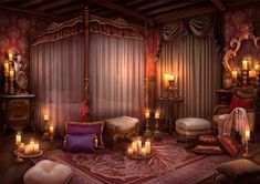 a fancy bedroom with candles lit on the floor