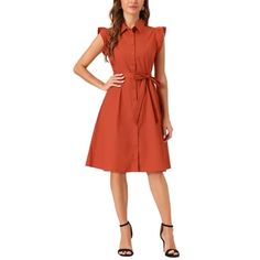 Wear yours with heels for an elegant look, perfect for daily wear or work office. The fitted shape and tie waist give it character while the gathered front detailing and ruffle sleeve add charm to this shirt dress. This shirtdress features a button-down closure, and a waist tie for a classic look, polished off by a lightly flowy skirt for a little extra character. Please check your measurements to make sure the item fits before ordering. Measurement (in inches) International Size----Chest Girth- Short Sleeve Solid Color Shirt Dress For Work, Solid Color Midi Shirt Dress For Office, Office Midi Shirt Dress, Knee-length Shirt Dress With Tie Waist For Office, Office Wear Knee-length Shirt Dress With Tie Waist, Knee-length Shirt Dress For Office Wear, Fitted Shirt Dress For Office Wear, Chic Solid Color Shirt Dress For Office, Work Belt