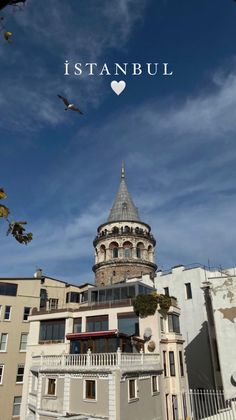 an old building with a bird flying in the sky above it and some buildings behind it