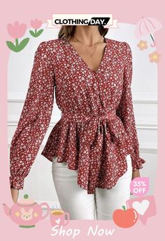 Printed V-neck Tie Front Flounce Sleeve Blouse Chic Floral Print V-neck Top, Floral Print V-neck Tops For Work, Chic V-neck Top For Spring Brunch, Trendy V-neck Blouse For Fall, Chic Tops With Notched Neckline For Spring, Chic Spring Top With Notched Neckline, Spring Top With Notched Neckline For Day Out, Chic Spring Blouse With Notched Neckline, Fitted Spring Blouse With Notched Neckline