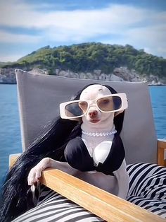 a small dog wearing sunglasses sitting on top of a wooden chair next to the ocean