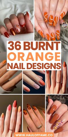 Cozy up this fall with burnt orange nail designs! These 36 warm, autumnal looks are perfect for adding a seasonal touch to your style in 2023. Say hello to the coziest nail trends of the year!	fall nail ideas | burnt orange nail designs fall | burnt orange nail designs coffin | burnt orange nail designs summer | burnt orange nail designs almond | burnt orange nail designs short | burnt orange nail art designs | orange nail designs simple | orange nail designs with flowers Burnt Orange Nails Designs Fall, Fall Nails Burnt Orange, Burnt Orange Nails Designs, Burnt Orange Nail Ideas, Burnt Orange Nails Fall