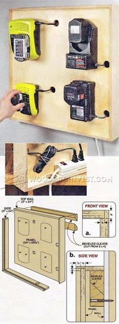 the wall mounted power strip has three different types of cording tools attached to it