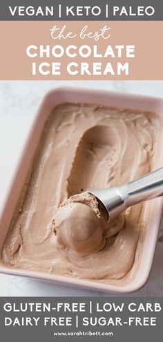 the best chocolate ice cream is in a pink bowl with a spoon and scooper