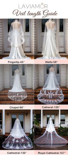 the veil length guide for a wedding dress is shown in four different positions and sizes