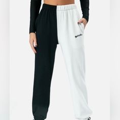 Half Black Half White Sweatpants Like Brand New High Waist Black Pants With Contrast Color, Black Cotton Pants With Contrast Color, White Cotton Bottoms With Contrast Color, White Pants With Contrast Color For Spring, White Spring Pants With Contrast Color, Casual Loungewear Bottoms With Contrast Color, Casual Black Pants With Contrast Color, Spring Black Pants With Contrast Color, Sporty White Bottoms With Contrast Color