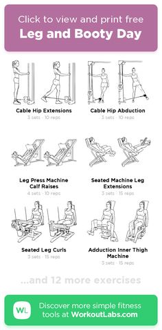 View the Leg and Booty Day workout with easy-to-follow exercise illustrations and download as printable PDF. Created with WorkoutLabs Fit workout builder. Workout Plan Legs And Glutes, Legs Day Gym Women, Leg Press Reps, Leg Workout Gym Women Beginner, Gym Workout Legs Women, Weight Training Legs And Glutes, Leg Workout Gym Machines Work Outs, Leg Workout Plan Gym, Gym Routine Legs Glutes