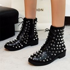 Rivet Black Leather Lace up Fashion Boots on Storenvy Outfit Boots, Punk Boots, Work Place, Round Toe Heels, Thick Heels, Online Fashion Stores, Leather Lace, Leather And Lace, Winter Women