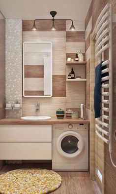 a washer and dryer in a bathroom with wood flooring on the walls