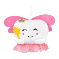 a tooth fairy ornament hanging from a string on a white background with pink tutu skirt and gold crown