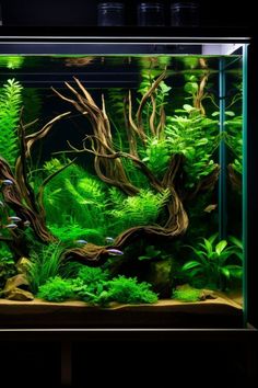 an aquarium filled with green plants and trees