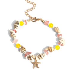 Infused Along An Invisible String, A Collection Of White Seashells, Pearly White Seed Beads, And Pink And Yellow Stones Coalesce Around The Wrist. A Gold Starfish Pendant Dangles From The Wrist For A Beachy Finish. Features An Adjustable Clasp Closure. Sold As One Individual Bracelet. Yellow Beaded Jewelry For Vacation, Yellow Casual Jewelry For Vacation, Casual Yellow Jewelry For Vacation, Summer Beach Yellow Jewelry, Yellow Beach Jewelry For Vacation, Yellow Beach Jewelry For Spring, Yellow Jewelry For Beach Vacation, Yellow Jewelry For Beach Wear In Spring, Yellow Beach Season Jewelry For Vacation