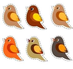 six different colored birds sitting next to each other on top of a white surface with cut outs