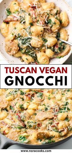 two pictures with the words tuscann vegan gnocchi in it and on top