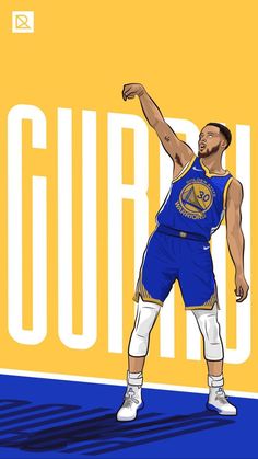 the golden state warriors basketball player in blue and white uniform with his arms up, standing on