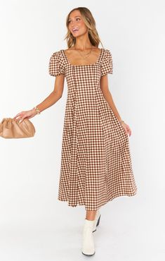 Check out Mia Midi Dress. Get $10 off + free shipping with Club Mumu. Midi Dress Brown, Maternity Dress Outfits, Brown Gingham, Boho Maternity, Brunch Dress, Mumu Dress, Plaid Outfits, Curvy Dress, Photo Outfit