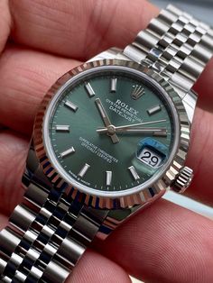 Rolex 31 Datejust 278274 Jubilee Women 31mm 1 Rolex Watches For Men Green, Rolex Datejust Mint Green, Green Watch Men, Rolex Datejust Men, Trendy Watches, Green Watch