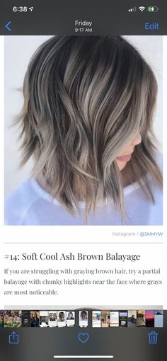 Pin by Lynn Erickson on Hair & Beauty in 2022 | Grey hair fix, Blending gray hair, Covering gray hair Balyage Short Hair Ash Gray, Going Grey Transition Balayage, Brown Hair Hiding Grey, Ash Brown Hair To Hide Grey, Hiding White Hair Brunette, Ash Blonde Balayage To Cover Grey, Balayage For Dark Brown Hair To Hide Grays, Hiding Grey Hair Brunette, Dark Hair Color Ideas To Hide Gray