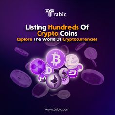 the words listing hundreds of crypt coins explore the world of cryptrencies on purple background