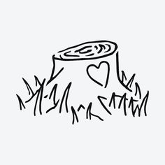 a black and white drawing of a tree stump with a heart on it's top