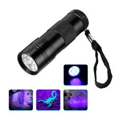 a flashlight that is lit up with purple light and some pictures on the back ground