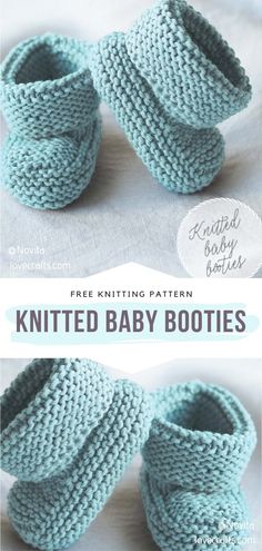 knitted baby booties with text overlay that says free knitting pattern, knitted baby booties